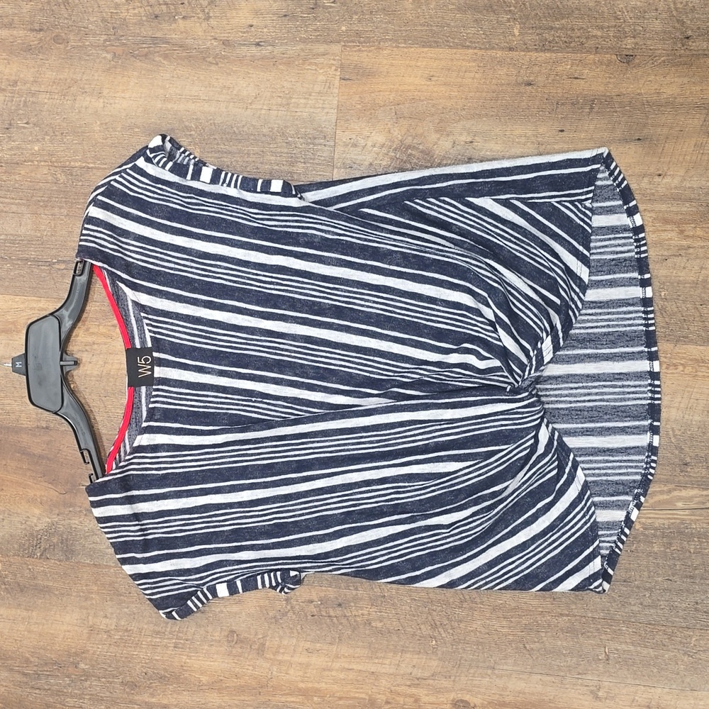 761 W5 Concept Top Navy Blue White Striped Cropped Front Twist Tie Cap Slvs L